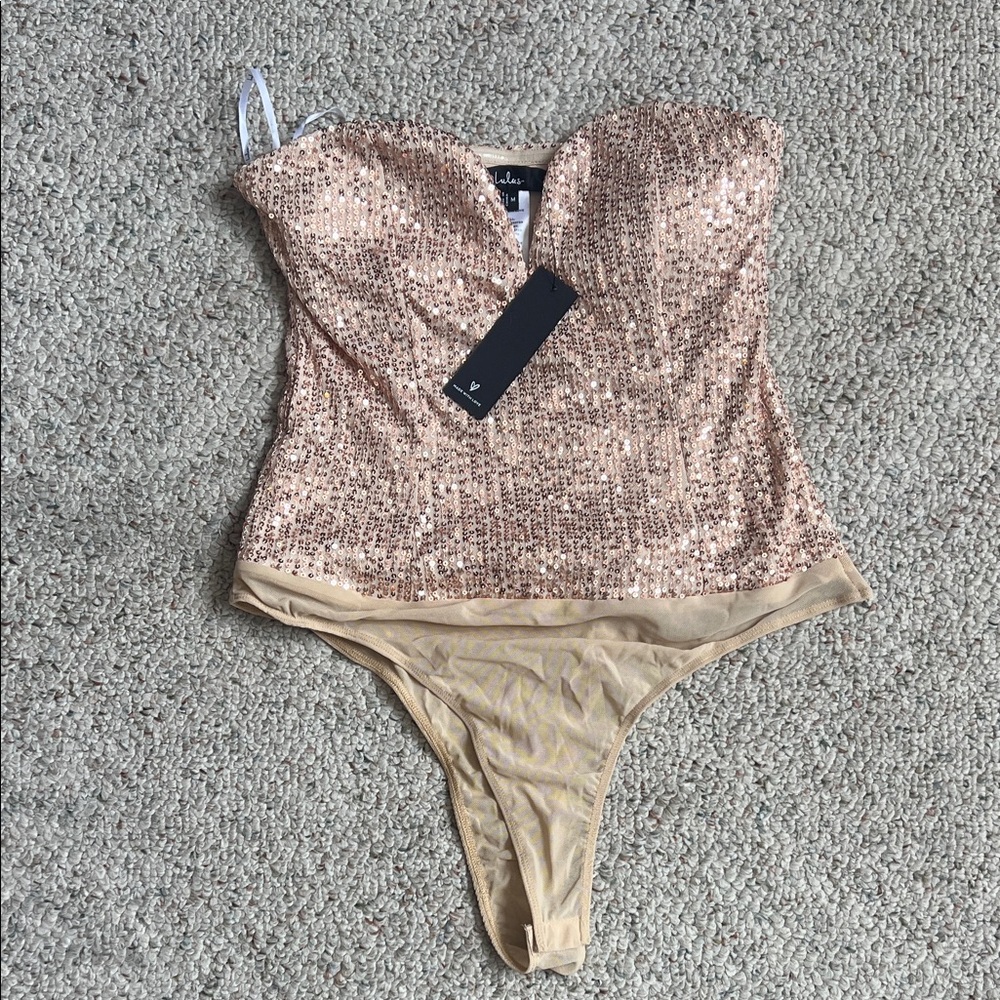 Lulu's Sequin Bodysuit in Gold and Tan